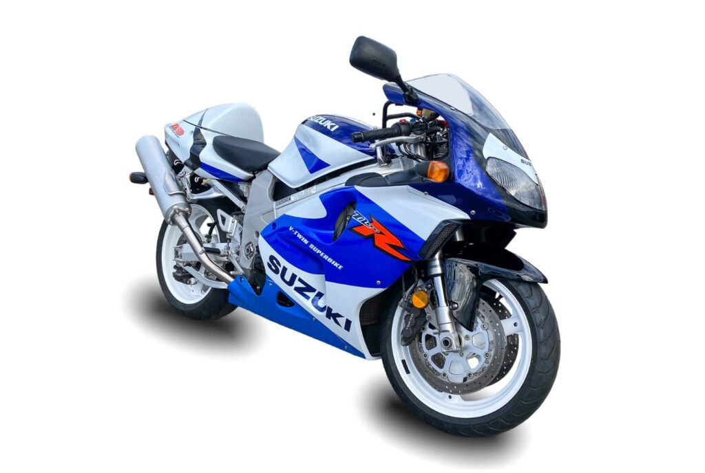 Suzuki TL1000R in blue and white studio image, rhs 3-4