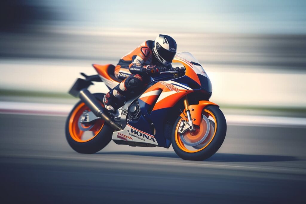 Sport motorcycle blurred background, demonstrating high speed, gearing, and thrust. Illustrative cover image generated by AI
