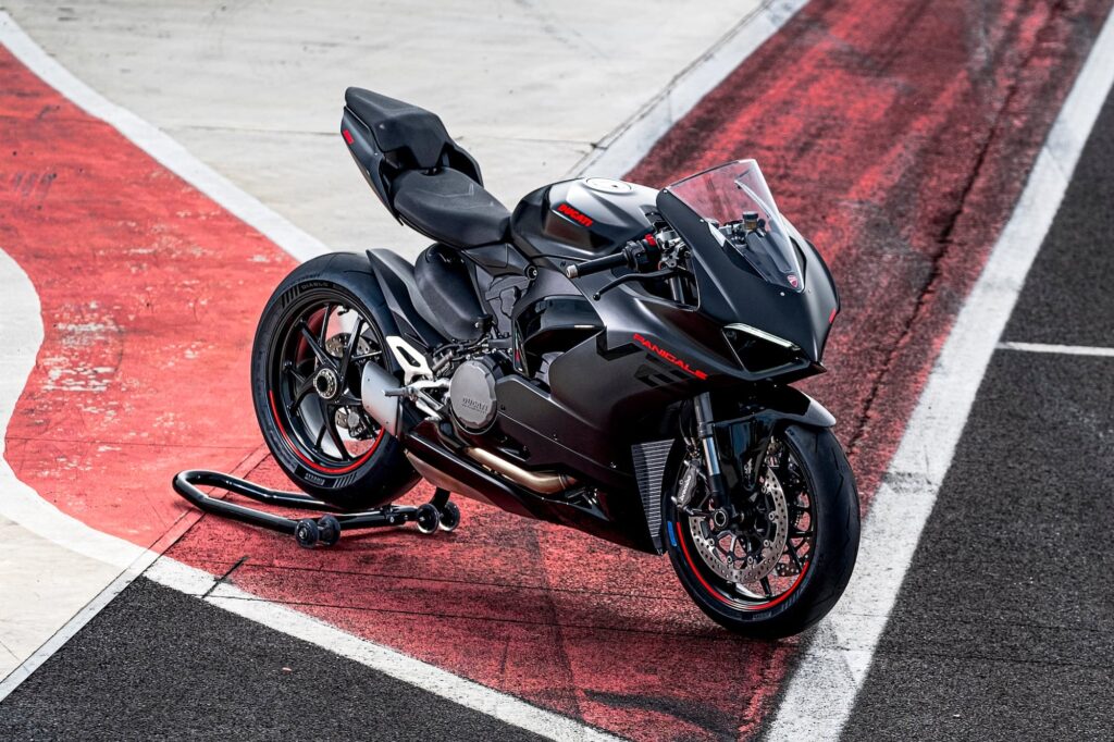 2024 Ducati Panigale V2, black, top-down 3-4 image, on track