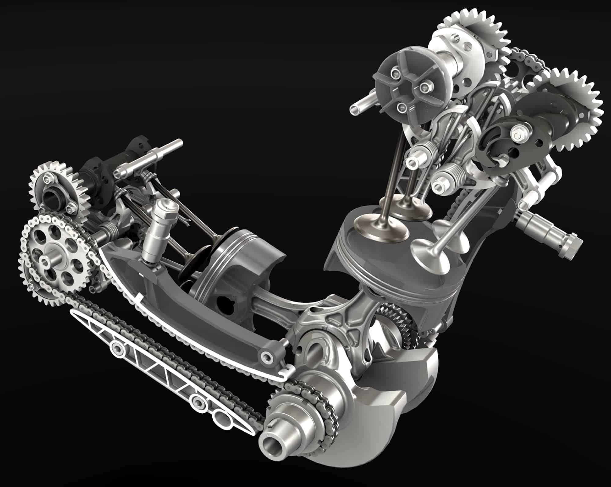 Motorcycle Camshaft and Valve Train Types Explained 9 Ducati 1199 Superquadro engine with chain-driven camshafts