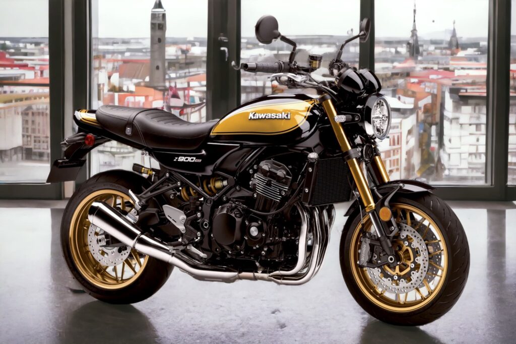 2022 Kawasaki Z900RS Yellow Ball RHS 3-4 overlooking European city