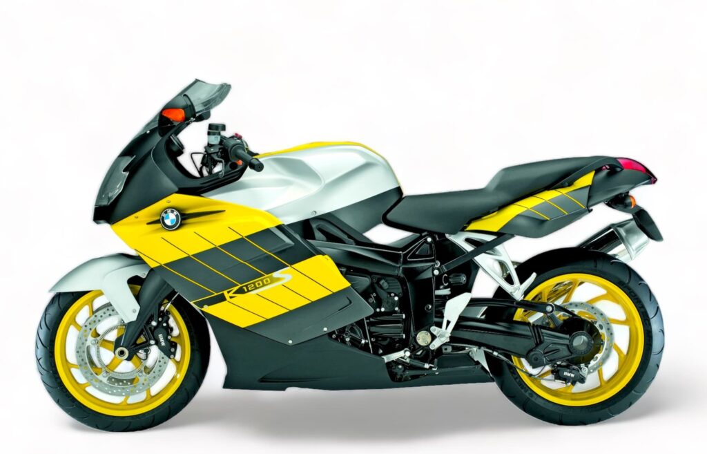 BMW K 1200 S studio yellow and black lhs white background