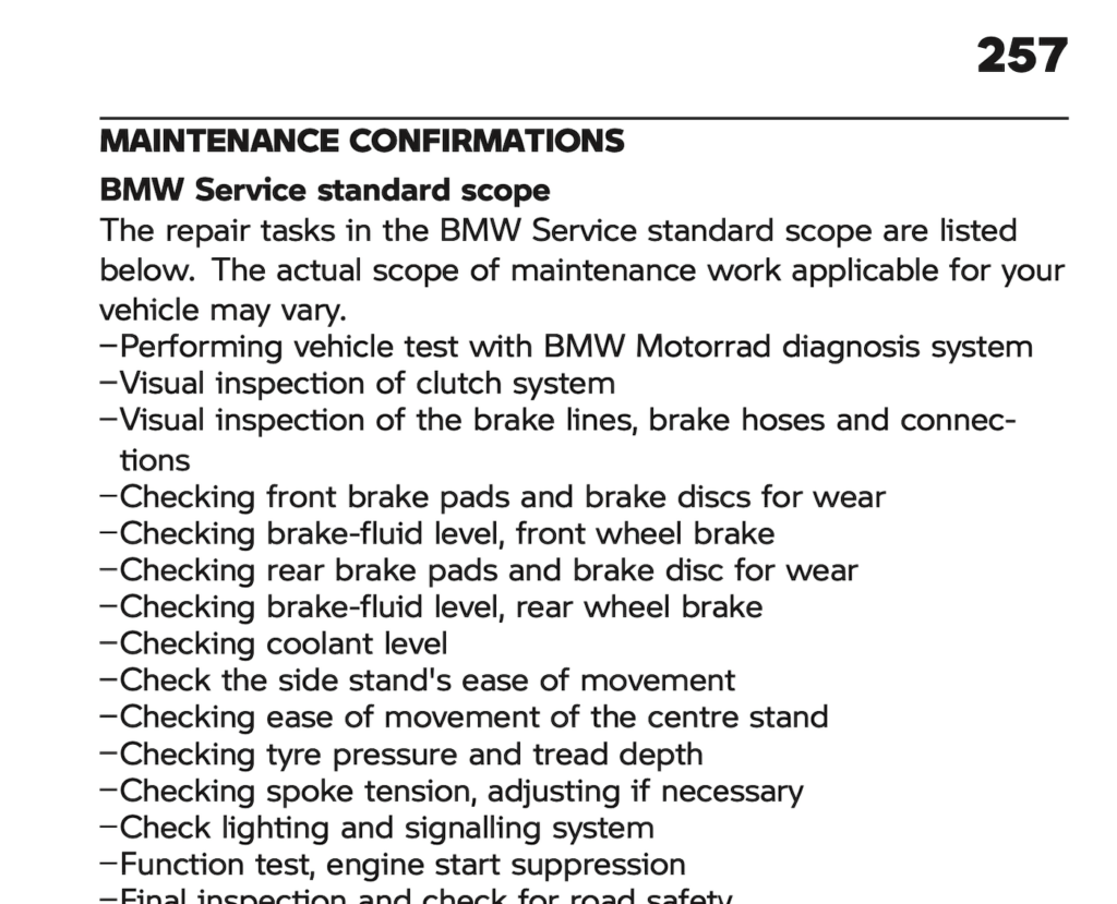 Maintenance items checklist for the BMW R 1250 GS