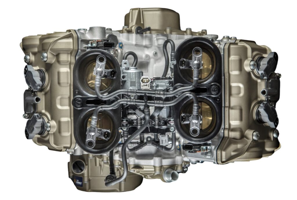 Ducati Desmosedici Stradale top cylinder view showing staggered cylinders