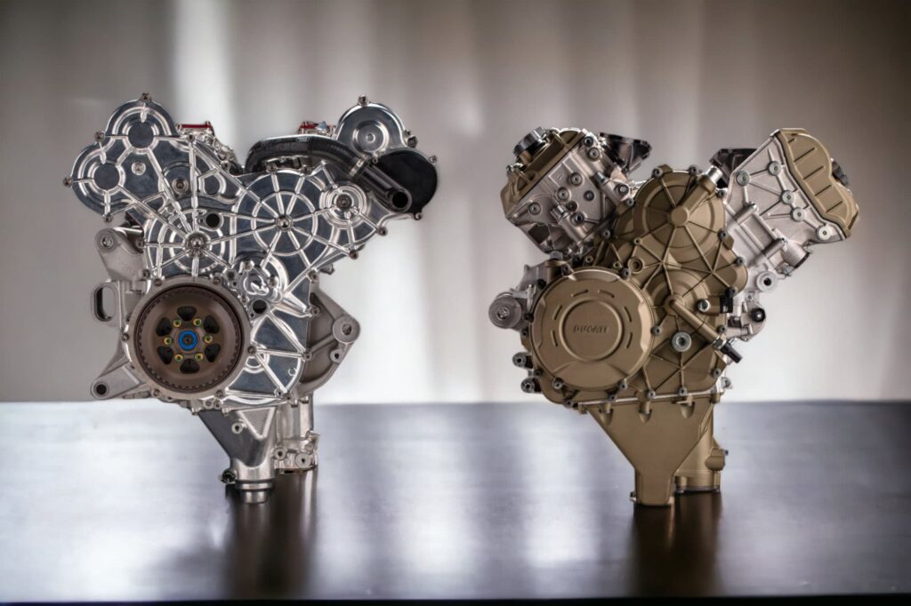 Ducati engine types - Desmosedici GP and Desmosedici Stradale engines on counter top