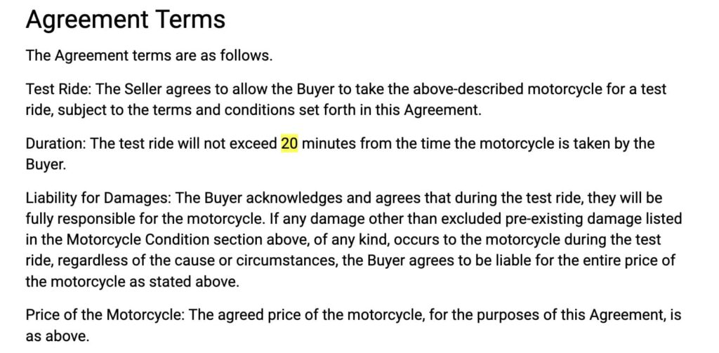Motorcycle test ride contract