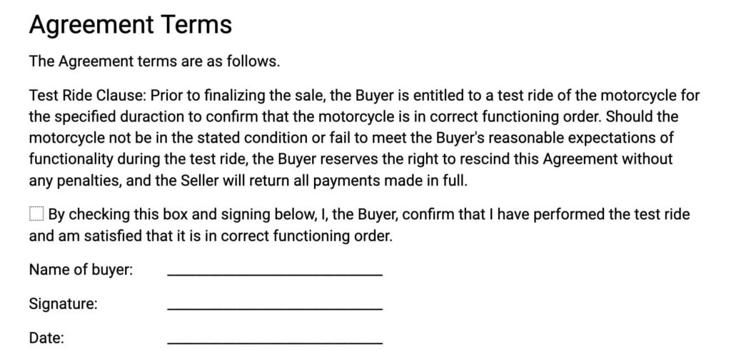 Test ride term in motorcycle sale contract