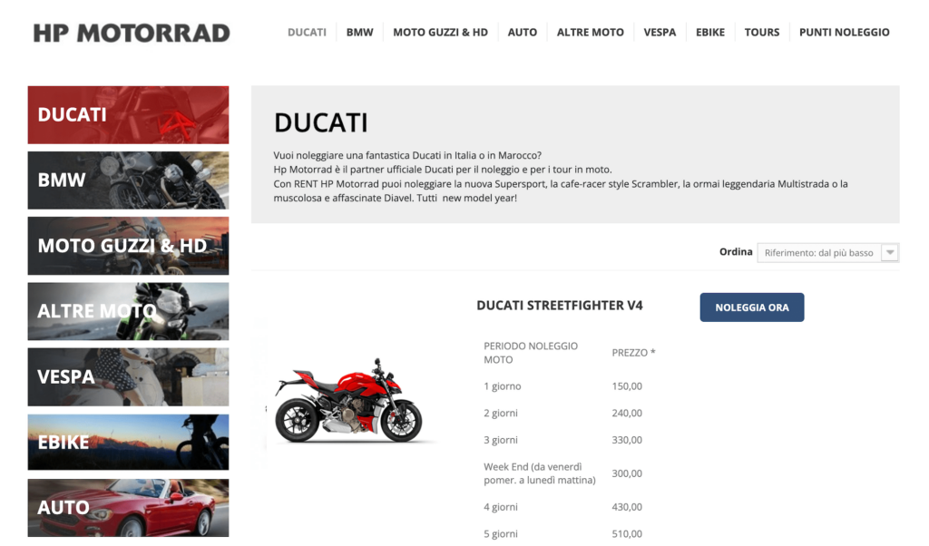 Available fleet at HP Motorrad motorcycle rentals in Italy