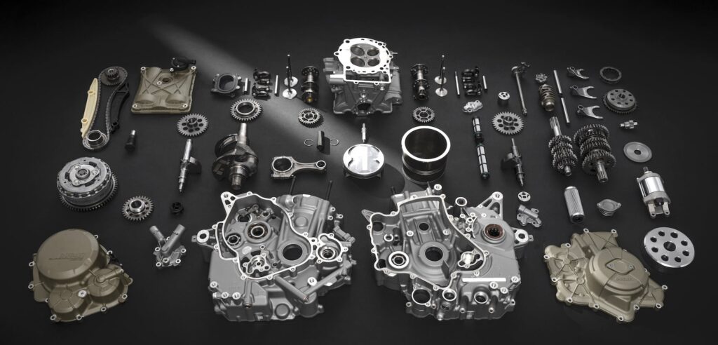 Ducati Superquadro Mono engine broken out into components