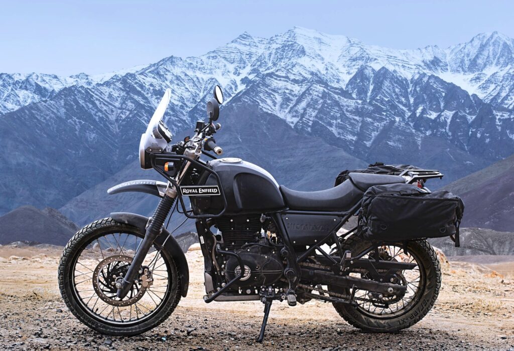 Royal Enfield Himalayan 410 Static LHS against mountains web
