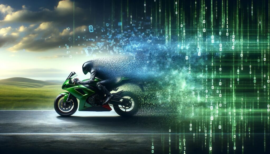 Motorcycle zooming out of digital representation of the blockchain