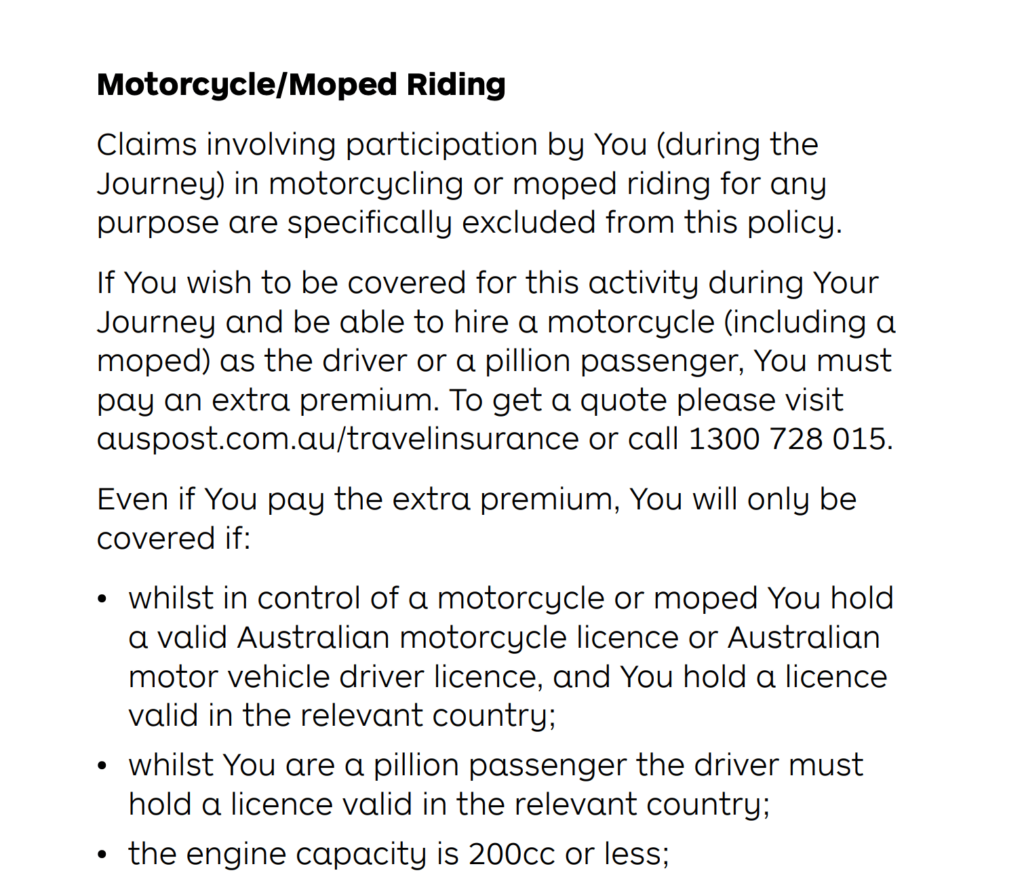 Travel Insurance policy excluding motorcycles unless you get the "adventure" pack