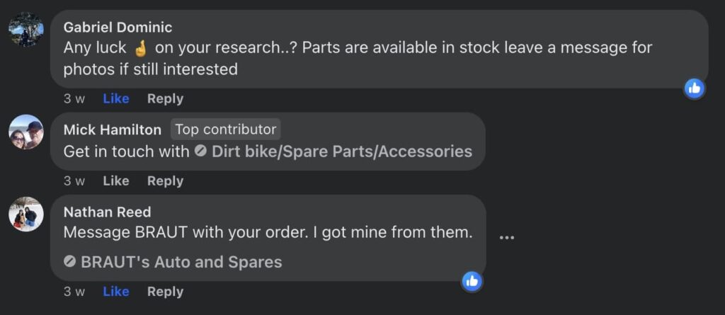 Motorcycle parts scams comments