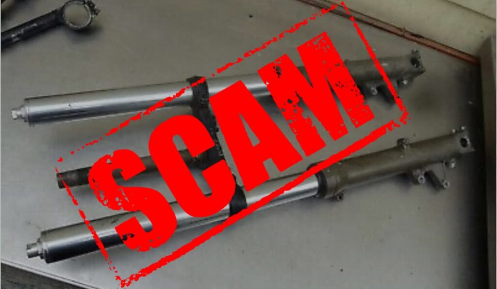 Motorcycle parts scams cover image — Honda CBF600F4i fork with "SCAM" text over it