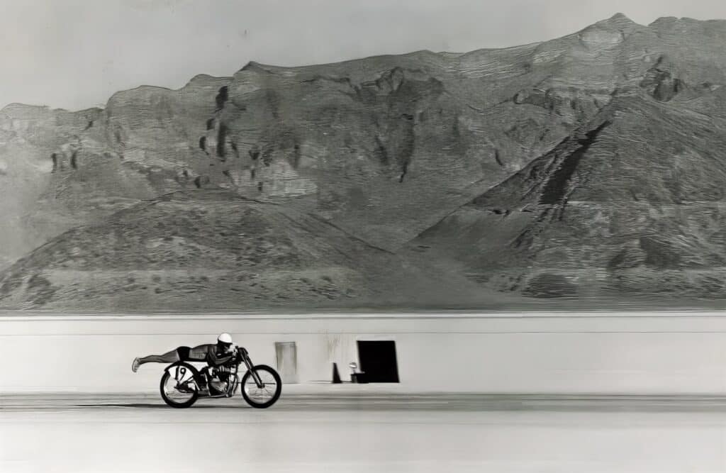 Old Triumph vs Hinckley / John Bloor Triumph 4 Triumph Jack Dale at Bonneville Salt Flats on a Triumph Thunderbird