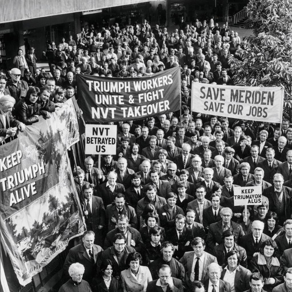 Old Triumph vs Hinckley / John Bloor Triumph 5 Meriden Protests