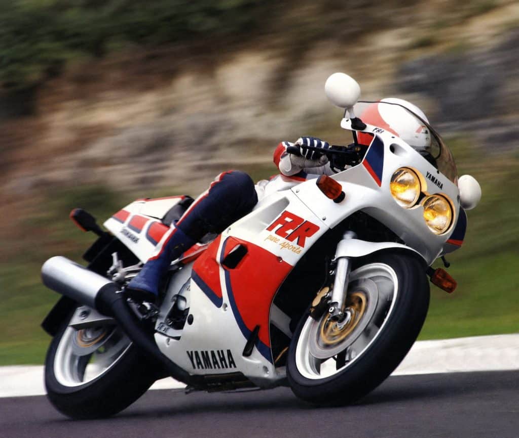 My ’80s Crush: The Yamaha FZR1000 Genesis 1 1987 Yamaha FZR1000 Genesis cornering in a period action photograph