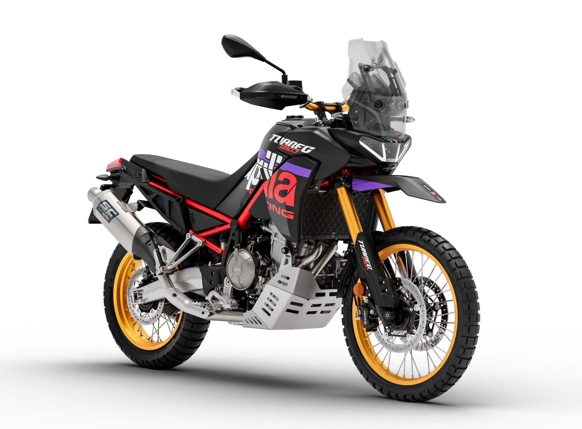 All the Middleweight Adventure Motorcycles — Complete 2026 Comparison 1 2025 Aprilia Tuareg 660 Rally, right-front three-quarter studio view