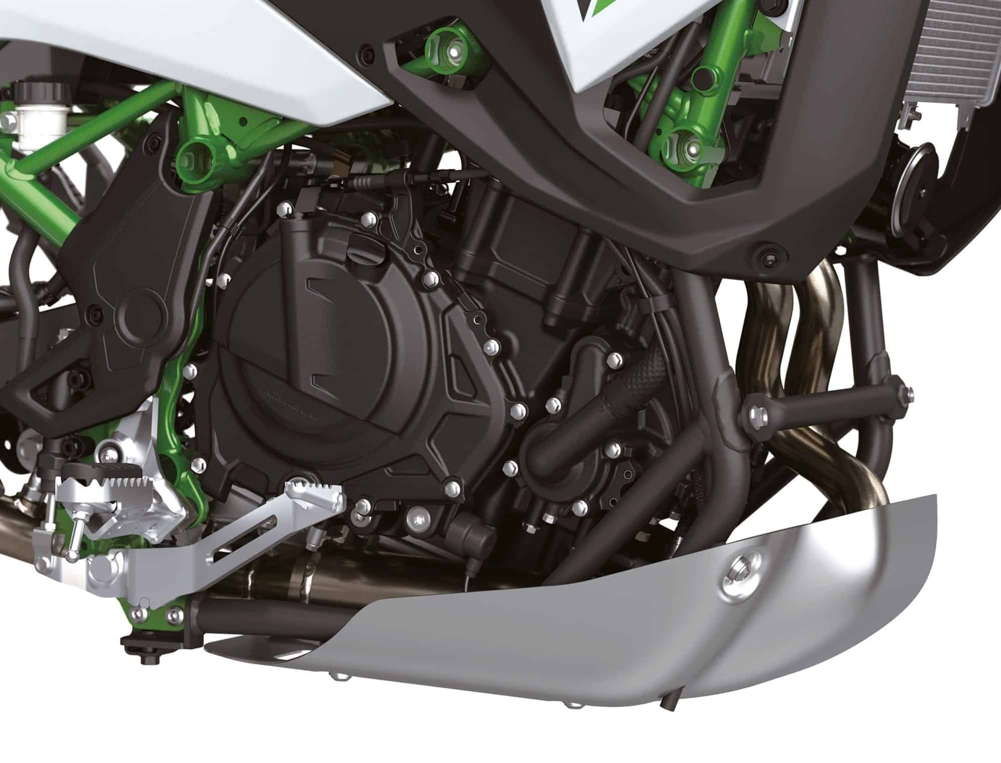 2026 Kawasaki KLE500 Review — Old Name, Better Timing 14 Close view of the 2026 Kawasaki KLE500 451 cc parallel-twin engine and aluminium skid plate