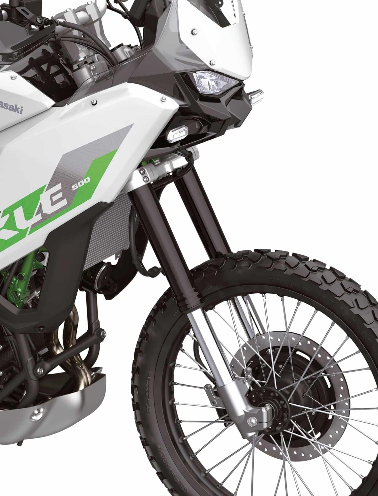 2026 Kawasaki KLE500 Review — Old Name, Better Timing 15 2026 Kawasaki KLE500 43 mm inverted fork, 21-inch spoked front wheel and 300 mm brake disc