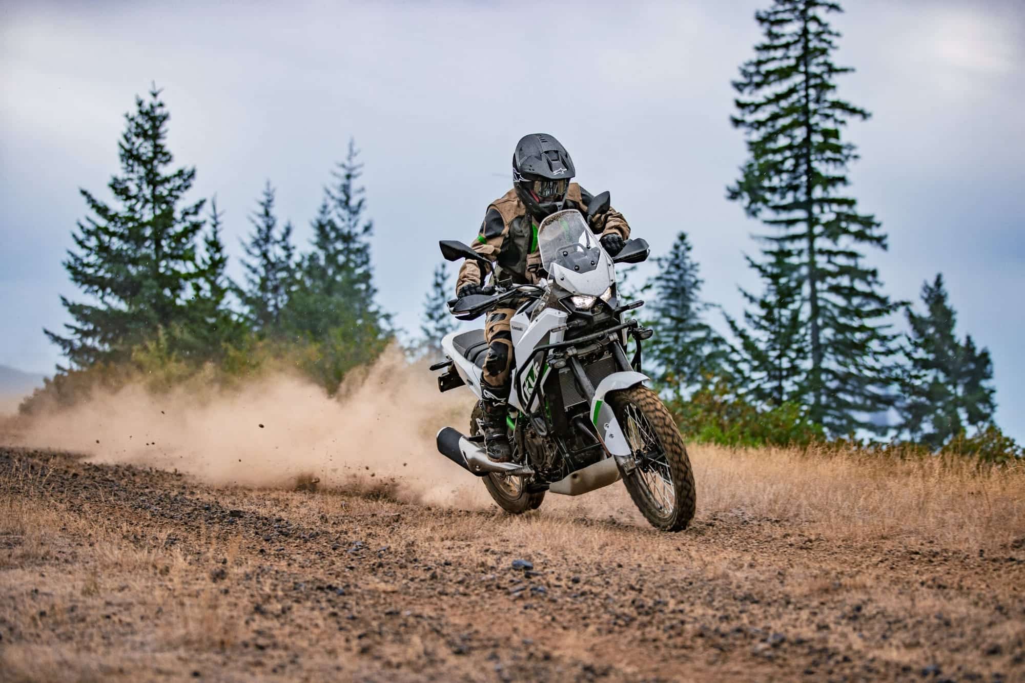 2026 Kawasaki KLE500 Review — Old Name, Better Timing 17 2026 Kawasaki KLE500 SE ridden toward the camera on a loose gravel road