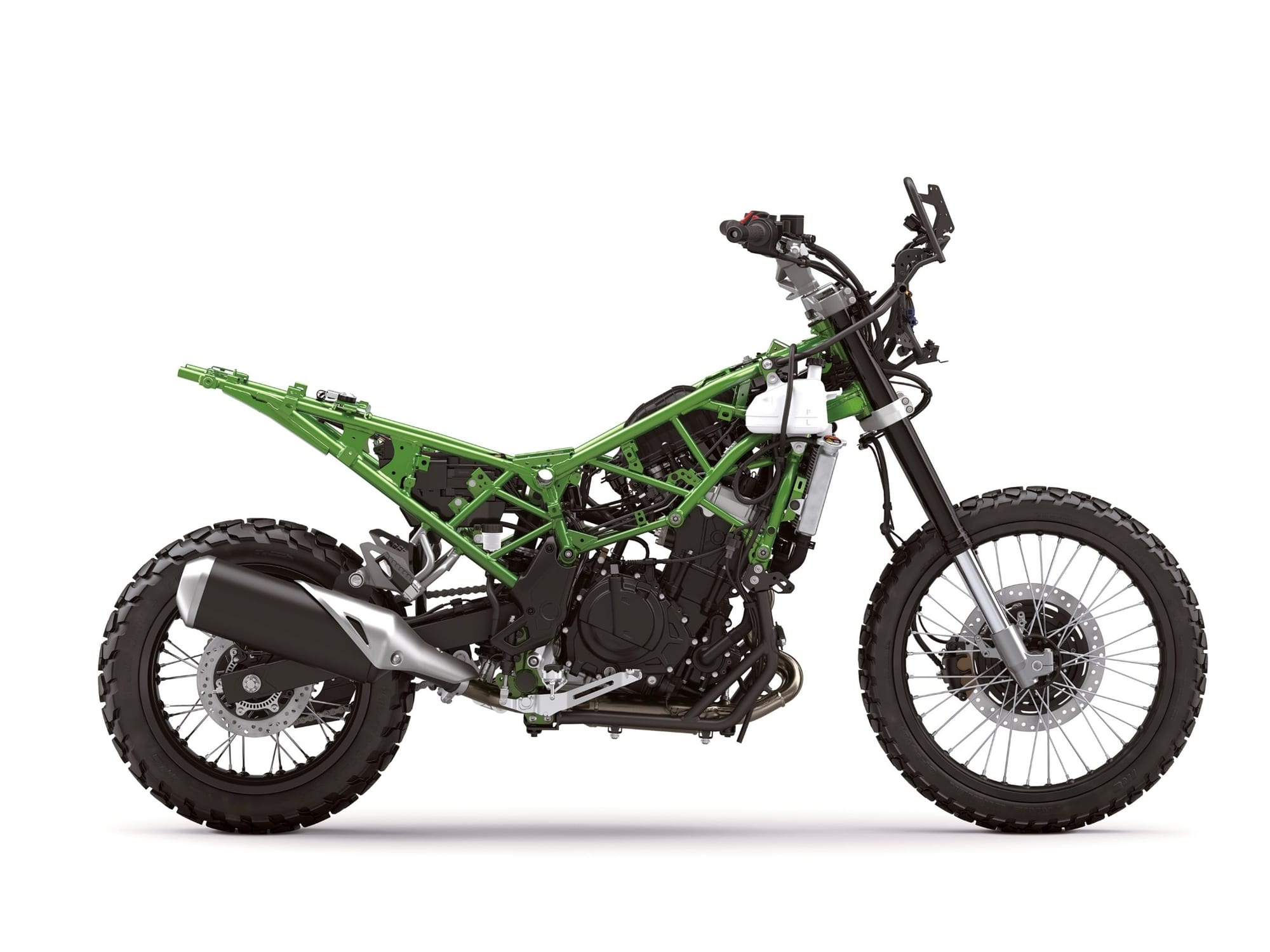 2026 Kawasaki KLE500 Review — Old Name, Better Timing 13 2026 Kawasaki KLE500 with bodywork removed to show its steel trellis frame and engine