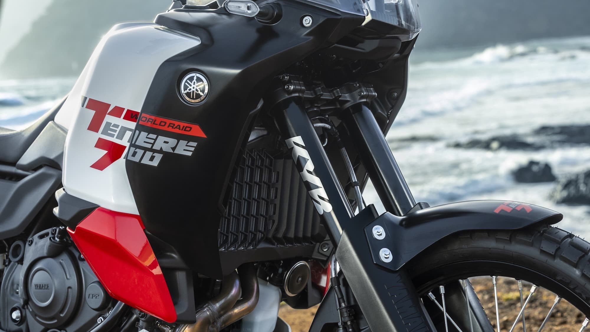 Yamaha Ténéré 700 Model Variants / Buyer’s Guide 2019-2026 24 2026 Yamaha Ténéré 700 World Raid front fork and radiator detail