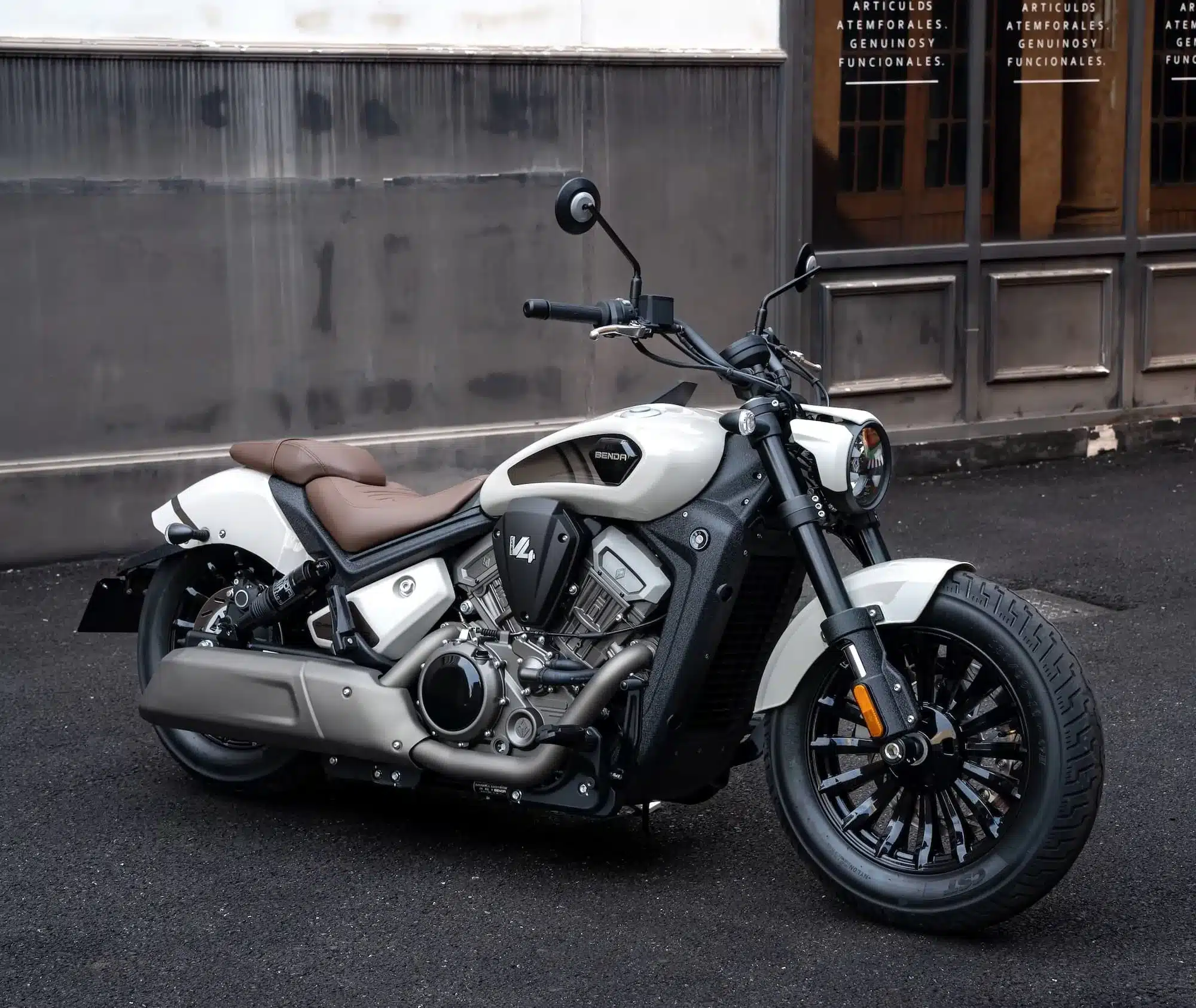 All the V4 Motorcycles You Can Buy New or Used (2026) 5 Benda Dark Flag 500 V4 cruiser in white, right-front view