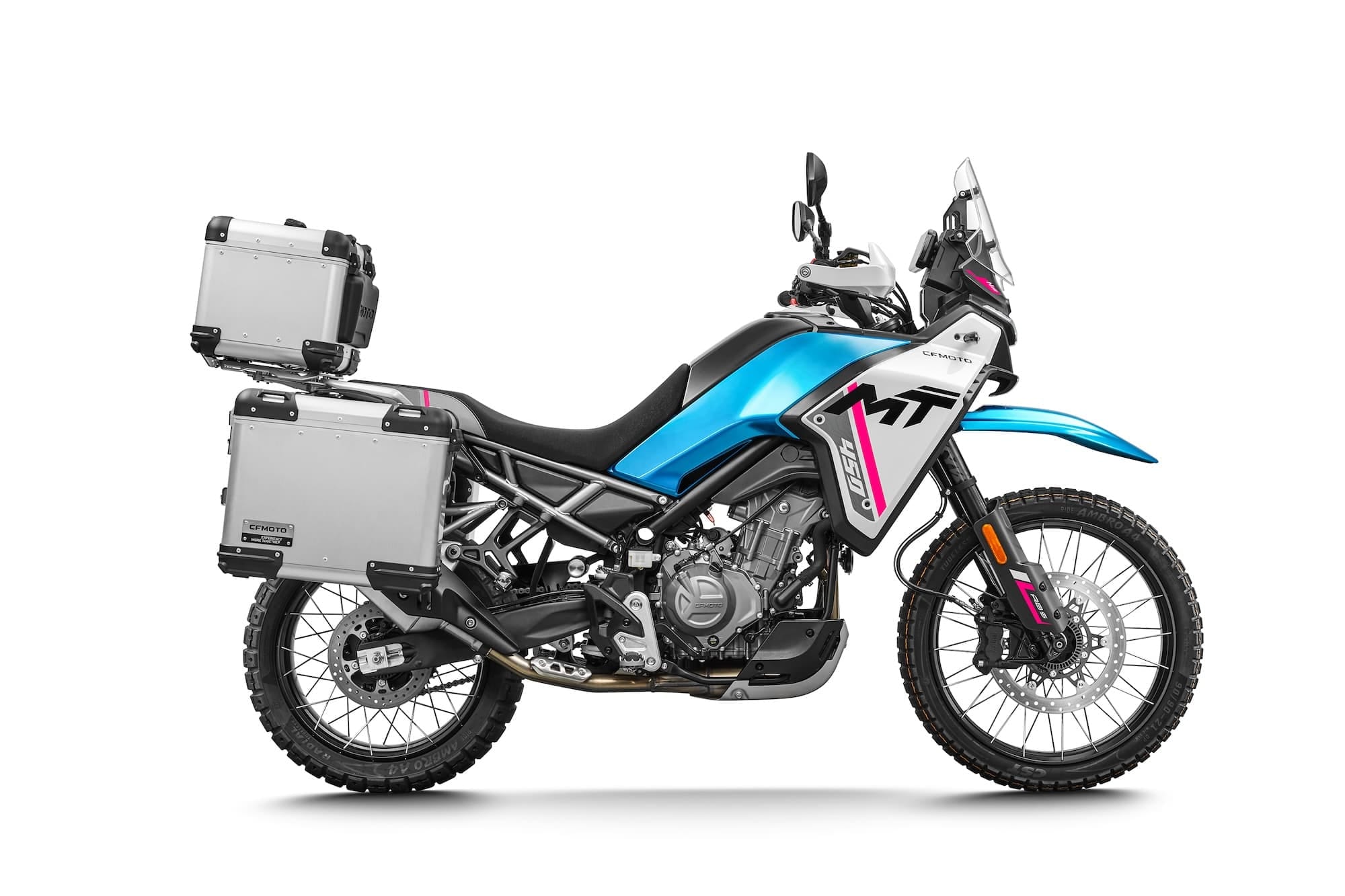 CFMOTO 450MT Review — Popular for a Reason 9 CFMOTO 450MT in Zephyr Blue fitted with three aluminium panniers