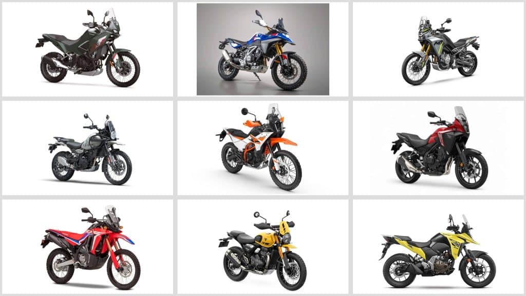 All the Compact Adventure Motorcycles — Complete 2026 Comparison 1 Nine compact adventure motorcycles arranged in a three-by-three grid