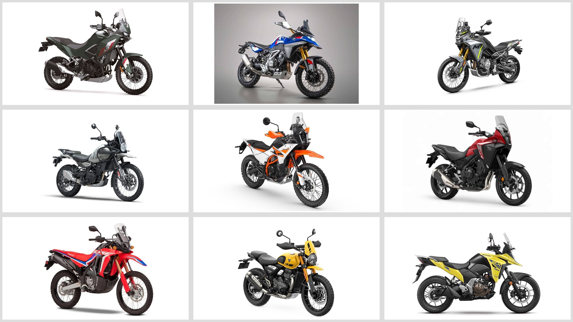 All the Compact Adventure Motorcycles — Complete 2026 Comparison 1 Nine compact adventure motorcycles arranged in a three-by-three grid