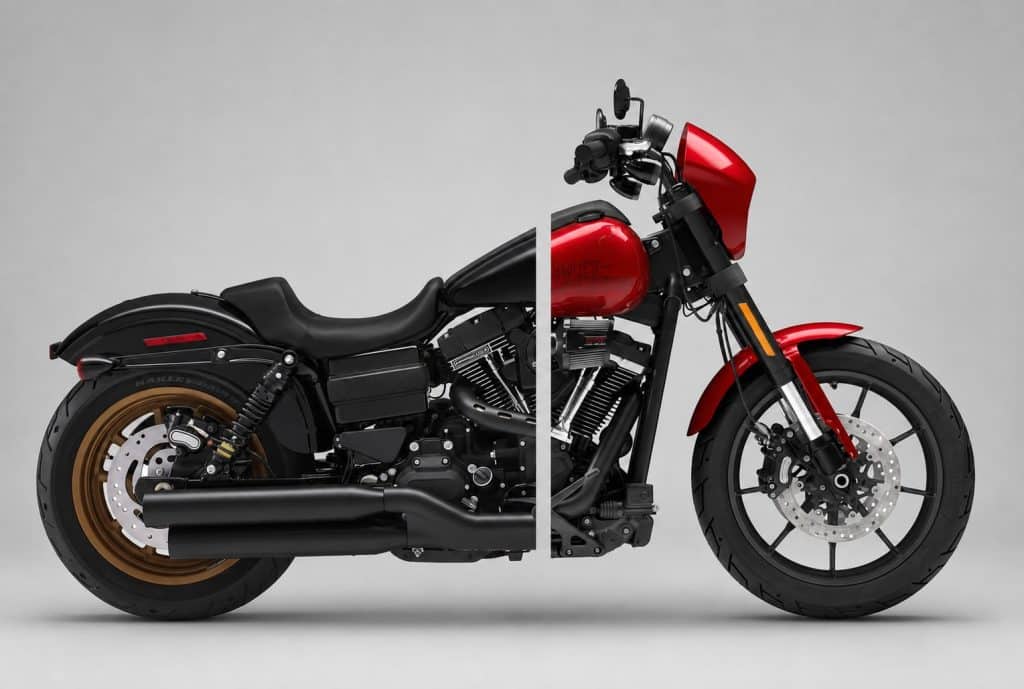 The Big Questions: Dyna vs Softail. The Showdown! 1 Split image comparing a Harley-Davidson Dyna rear half with a Softail front half