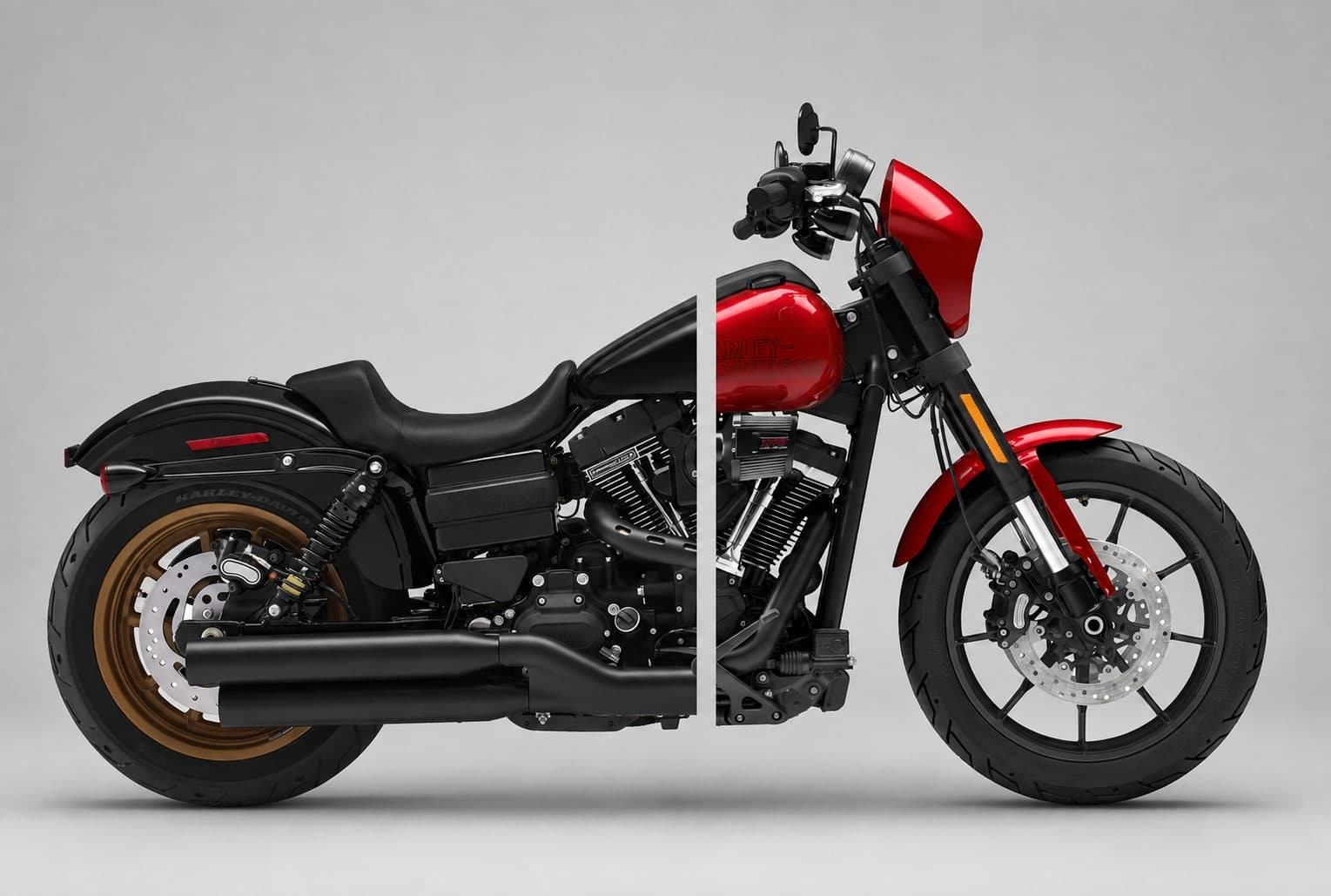 The Big Questions: Dyna vs Softail. The Showdown! 2 Split image comparing a Harley-Davidson Dyna rear half with a Softail front half