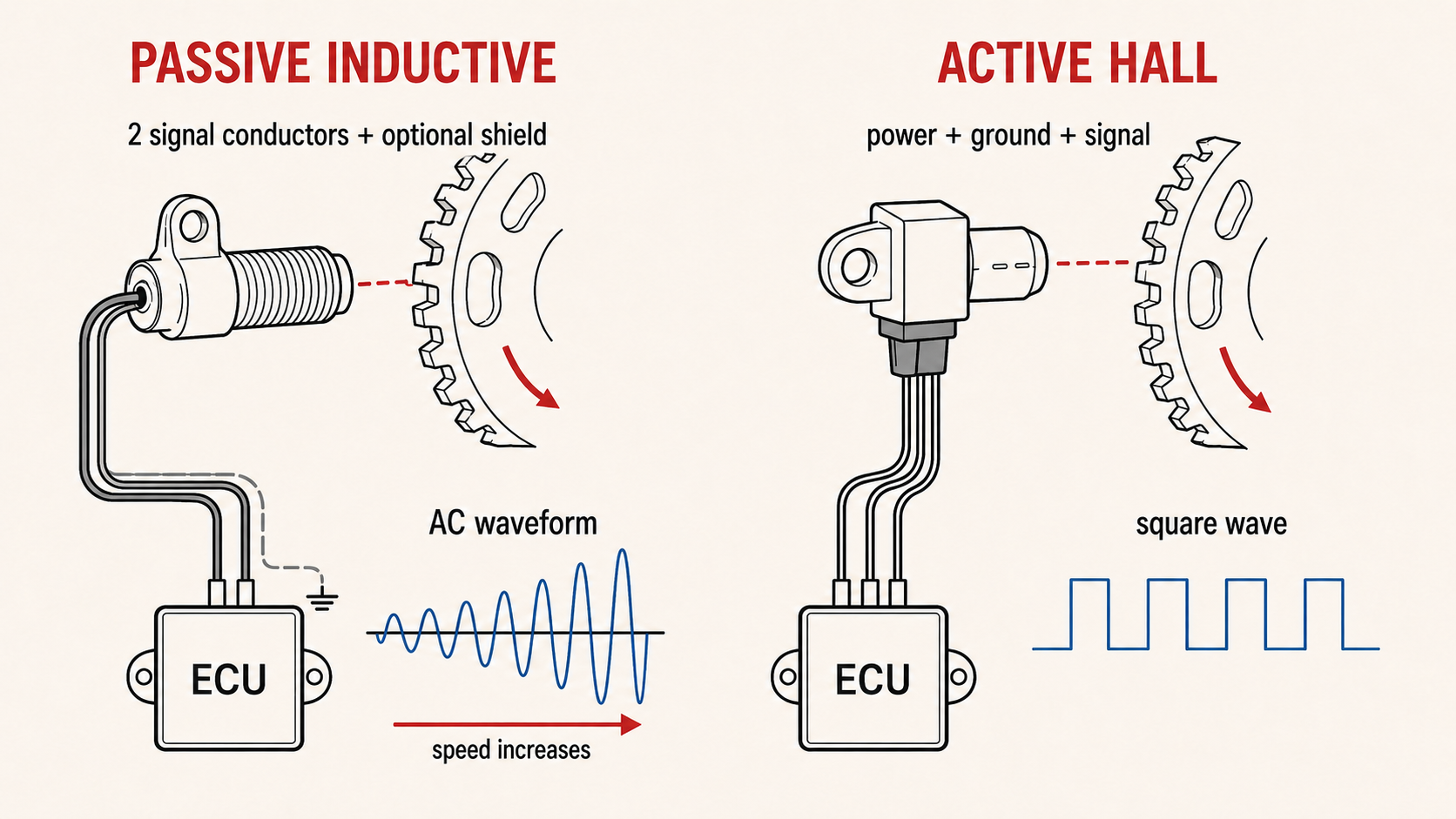 How to Test a Motorcycle Crankshaft Position Sensor 3 Comparison of passive inductive and active Hall-effect motorcycle crankshaft position sensors and their output waveforms