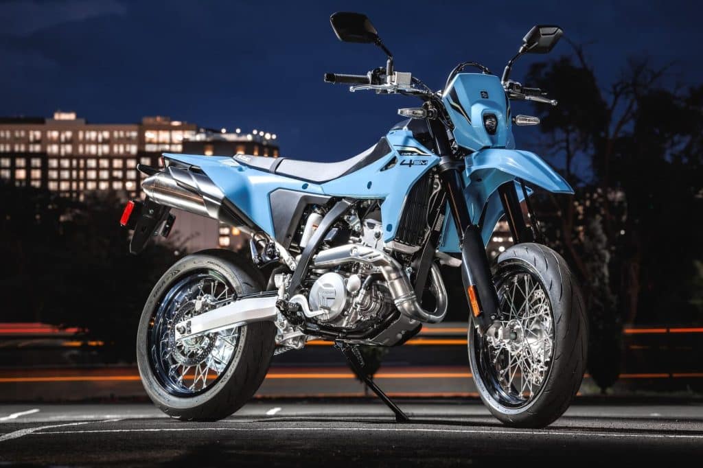 2025 Suzuki DR-Z4SM in Sky Gray, right-front three-quarter view