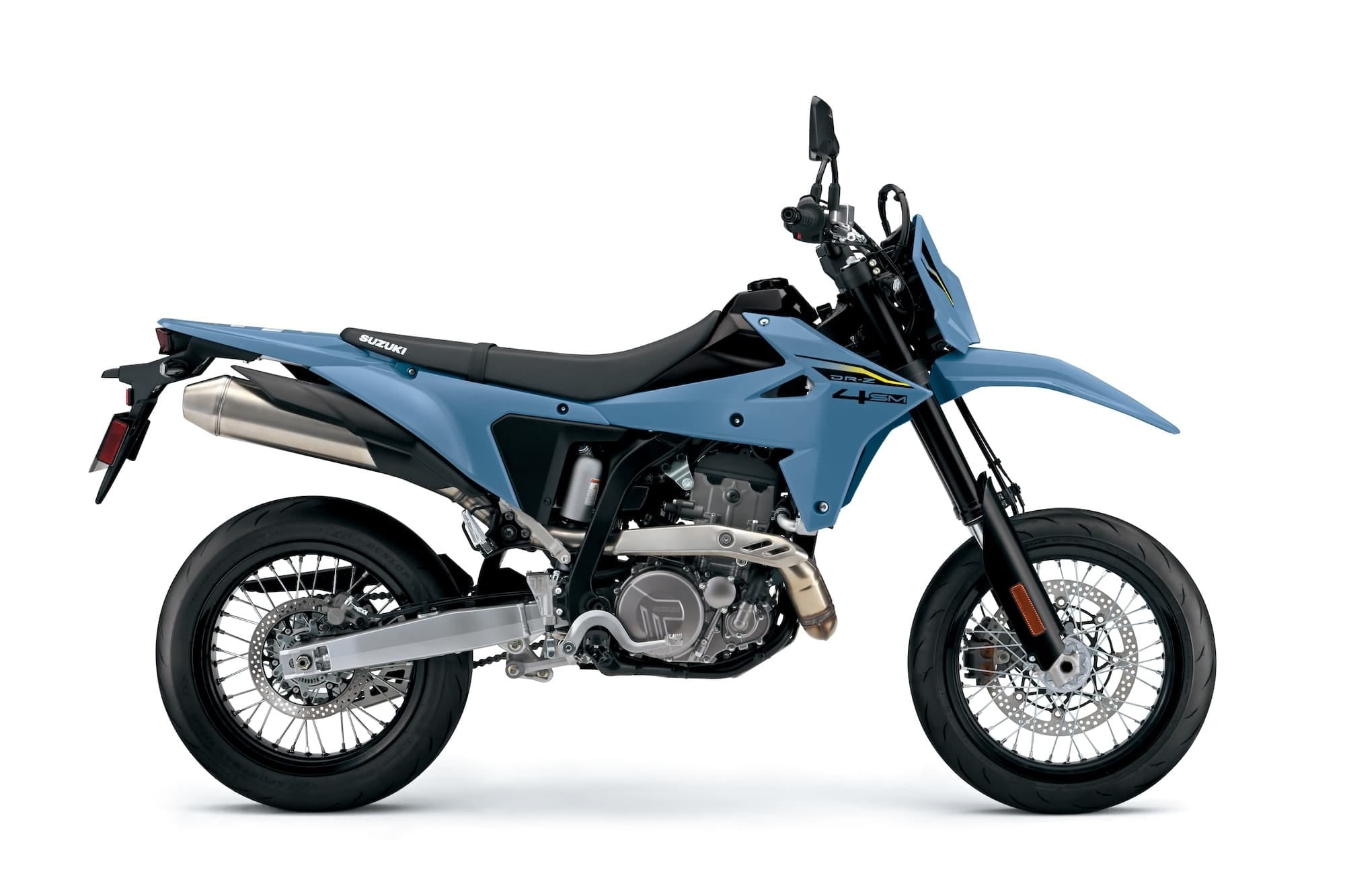 Suzuki DR-Z4S and DR-Z4SM Buyer’s Guide — Somewhat Modern, Still a DR-Z 3 2025 Suzuki DR-Z4SM in Sky Gray, right side profile
