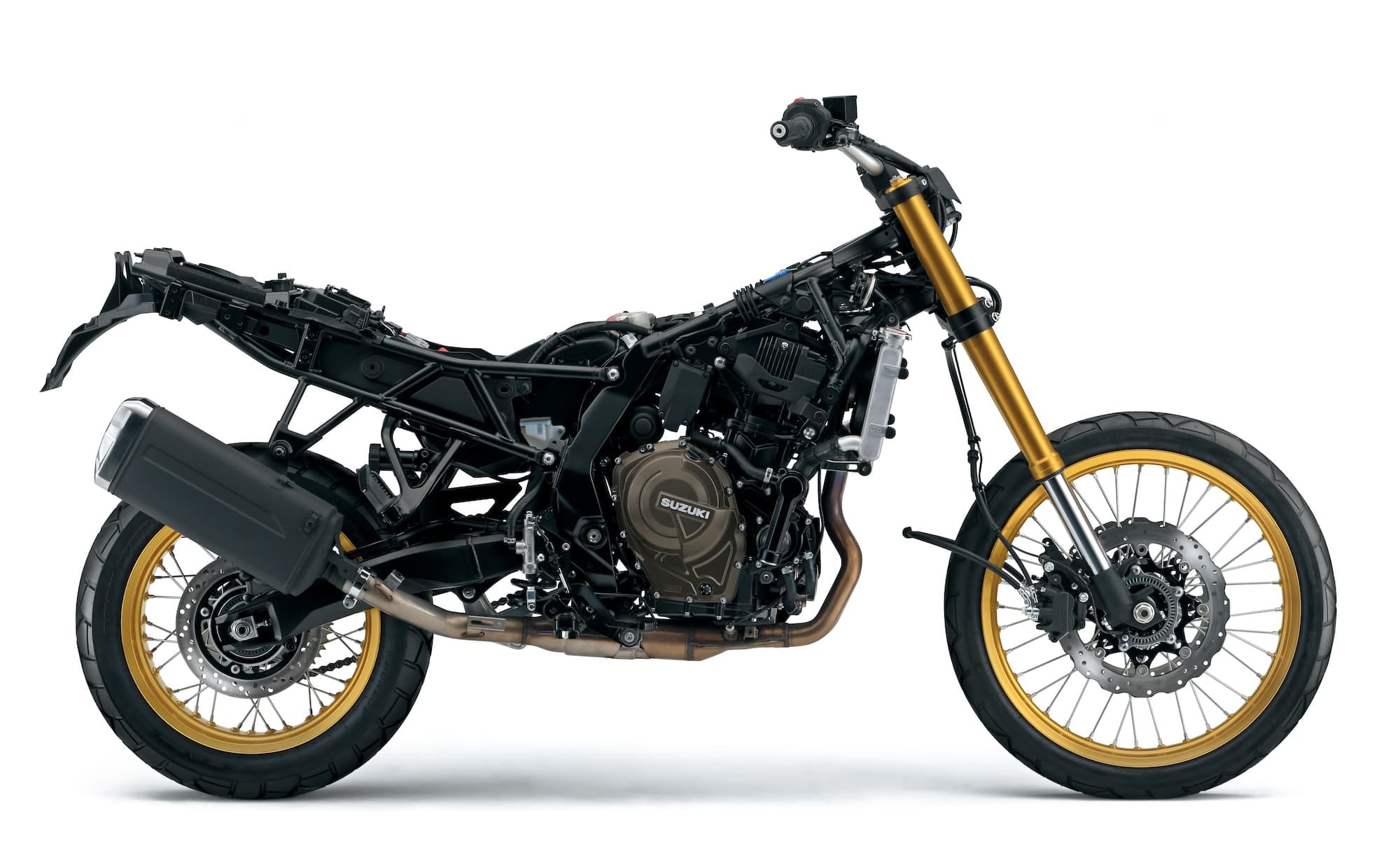 Suzuki V-Strom 800 Buyer’s Guide — RE vs DE, Engine, and Alternatives 5 V-Strom 800DE exposed steel backbone frame, engine and 21-inch spoked front wheel