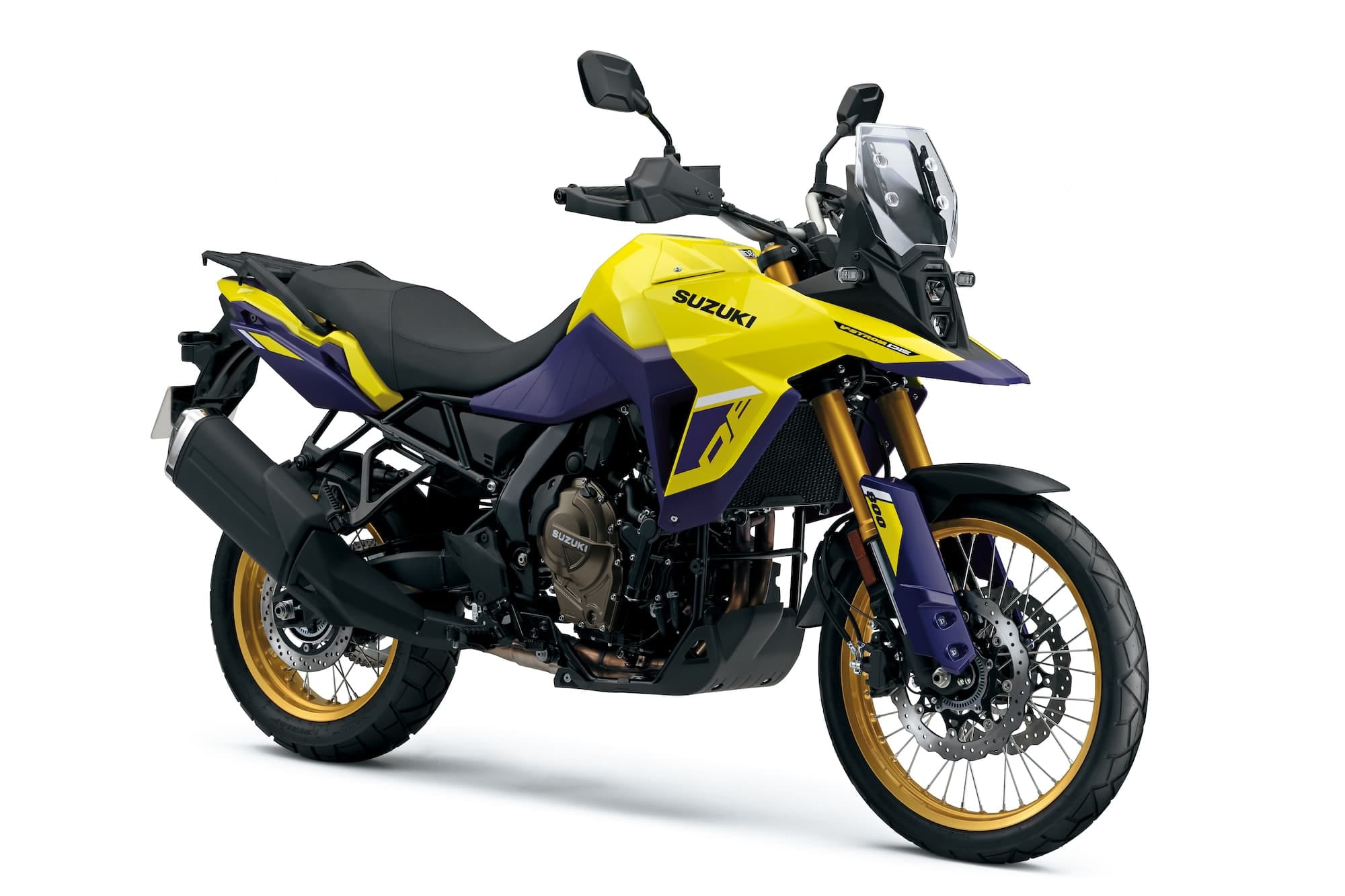 Suzuki V-Strom 800 Buyer’s Guide — RE vs DE, Engine, and Alternatives 1 Suzuki V-Strom 800DE in Champion Yellow and blue, right-front studio view