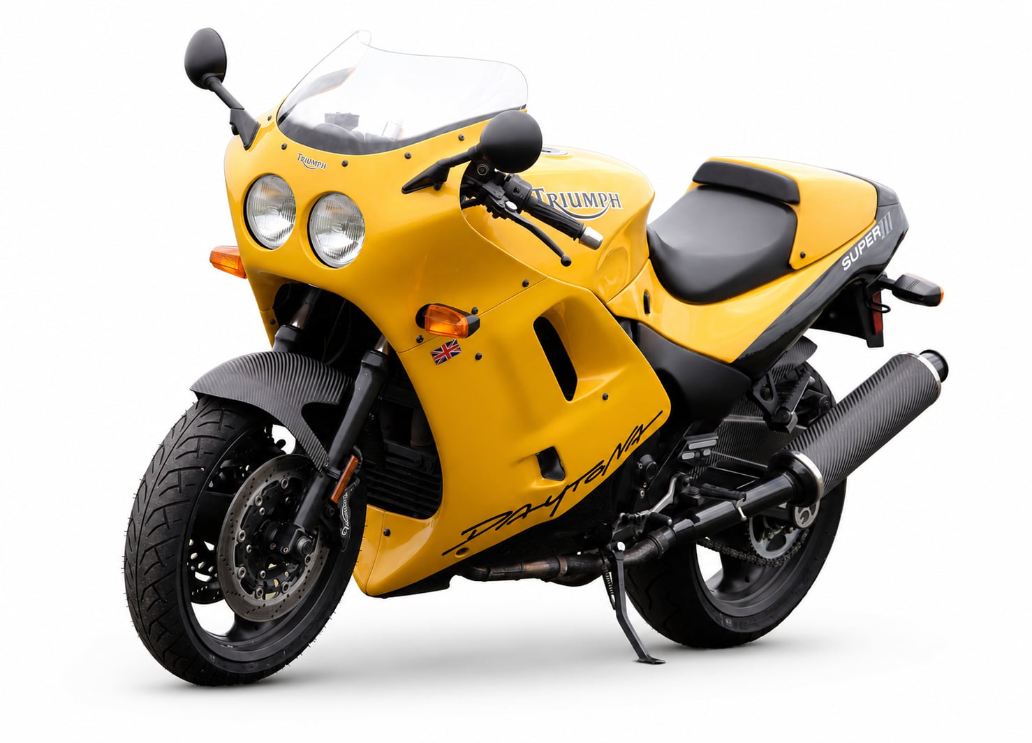 Triumph Daytona Model History and Buyer’s Guide (1967-2026) 7 Yellow 1994-1996 Triumph Daytona Super III in a studio