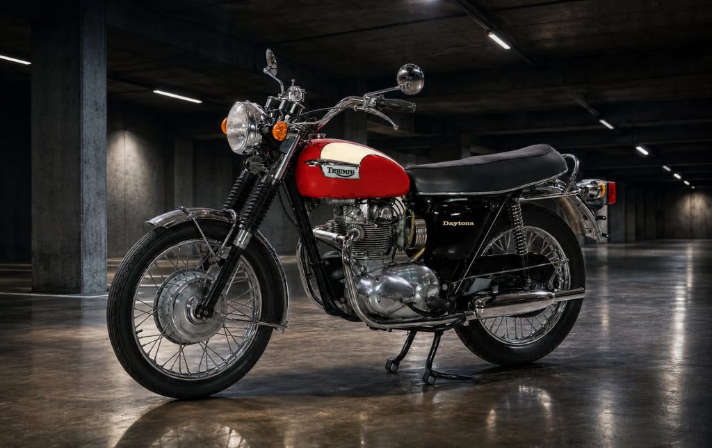 Triumph Daytona Model History and Buyer’s Guide (1967-2026) 1 Red and white Triumph T100R Daytona in a dark modern car park