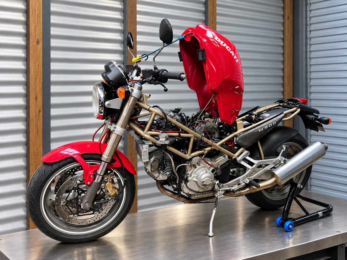 The Case for Carburettors in Motorcycles 1 Red Ducati Monster M900 with the fuel tank raised during carburettor service