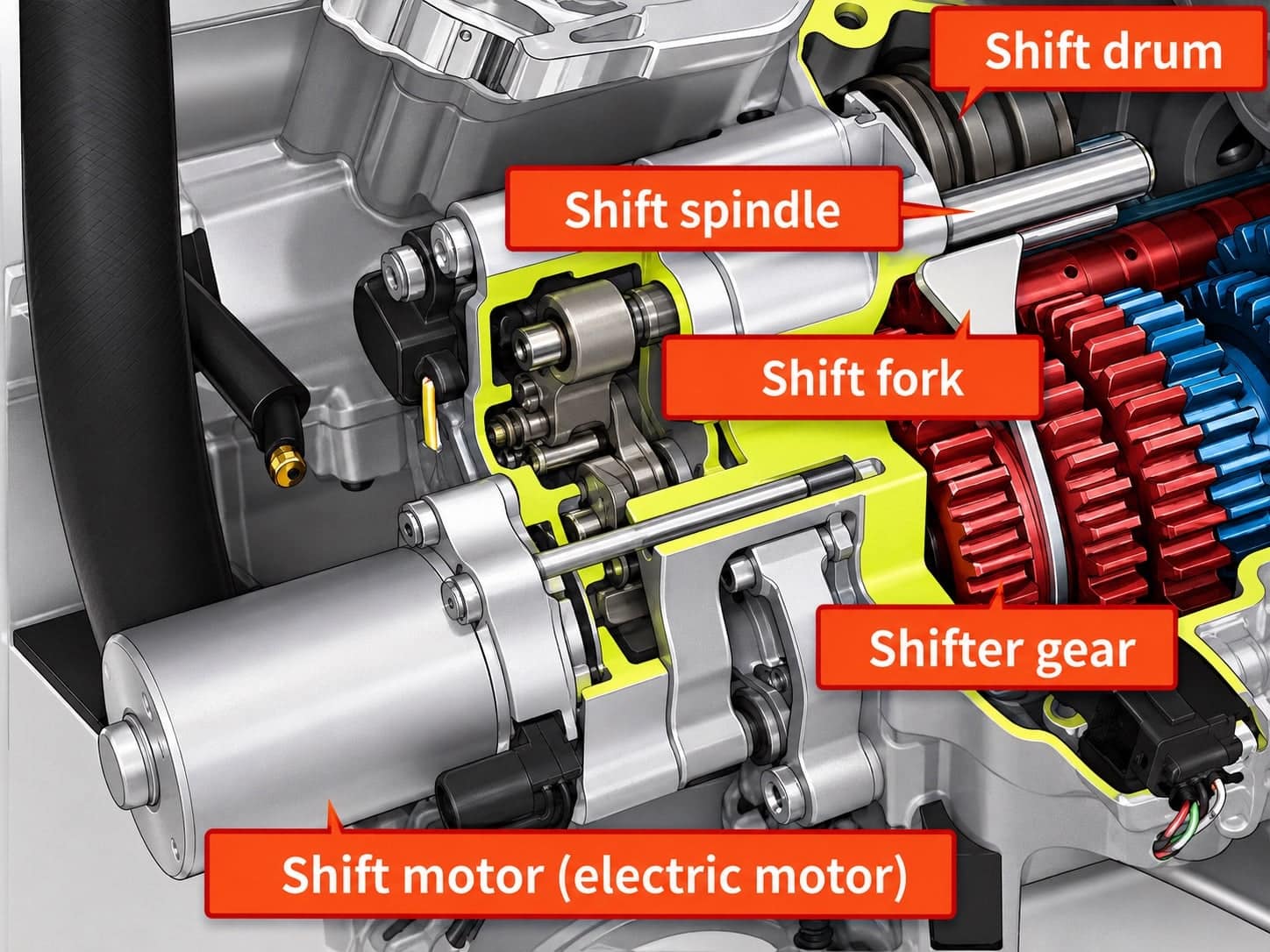 Automatic Motorcycle Transmissions Compared: DCT, AMT, E-Clutch and More 11 Honda DCT cutaway labelling the shift motor, spindle, drum, fork and shifter gear