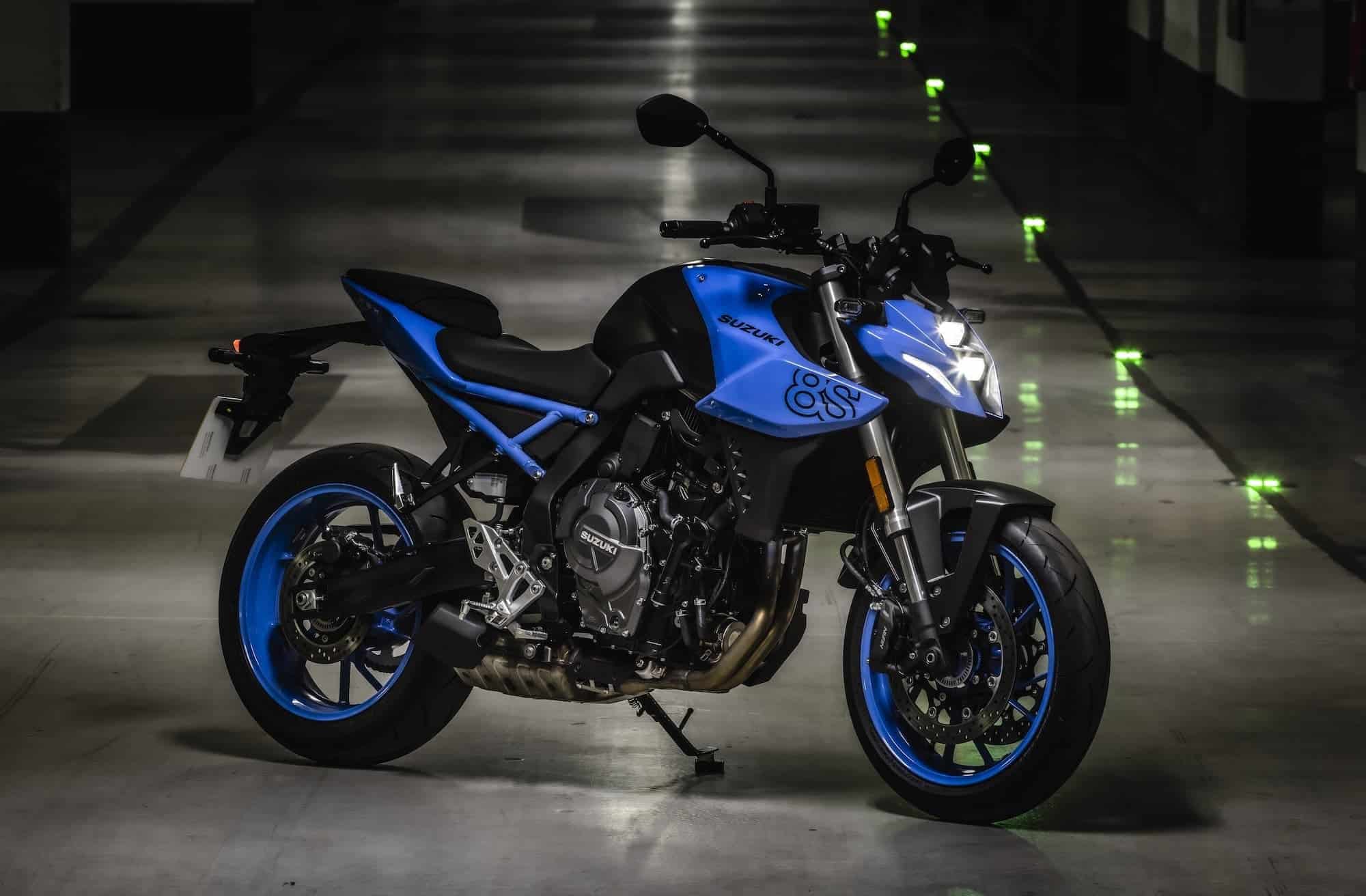 Suzuki GSX-8S, GSX-8R, GSX-8T and GSX-8TT Buyer’s Guide 5 Blue Suzuki GSX-8S parked at night, right-side view
