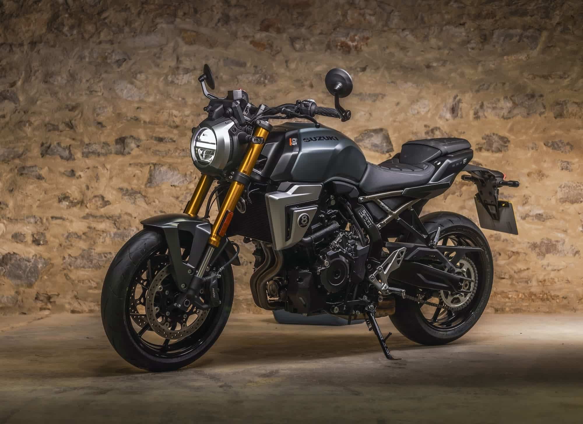 Suzuki GSX-8S, GSX-8R, GSX-8T and GSX-8TT Buyer’s Guide 9 Black Suzuki GSX-8T parked against a stone wall, right-front view