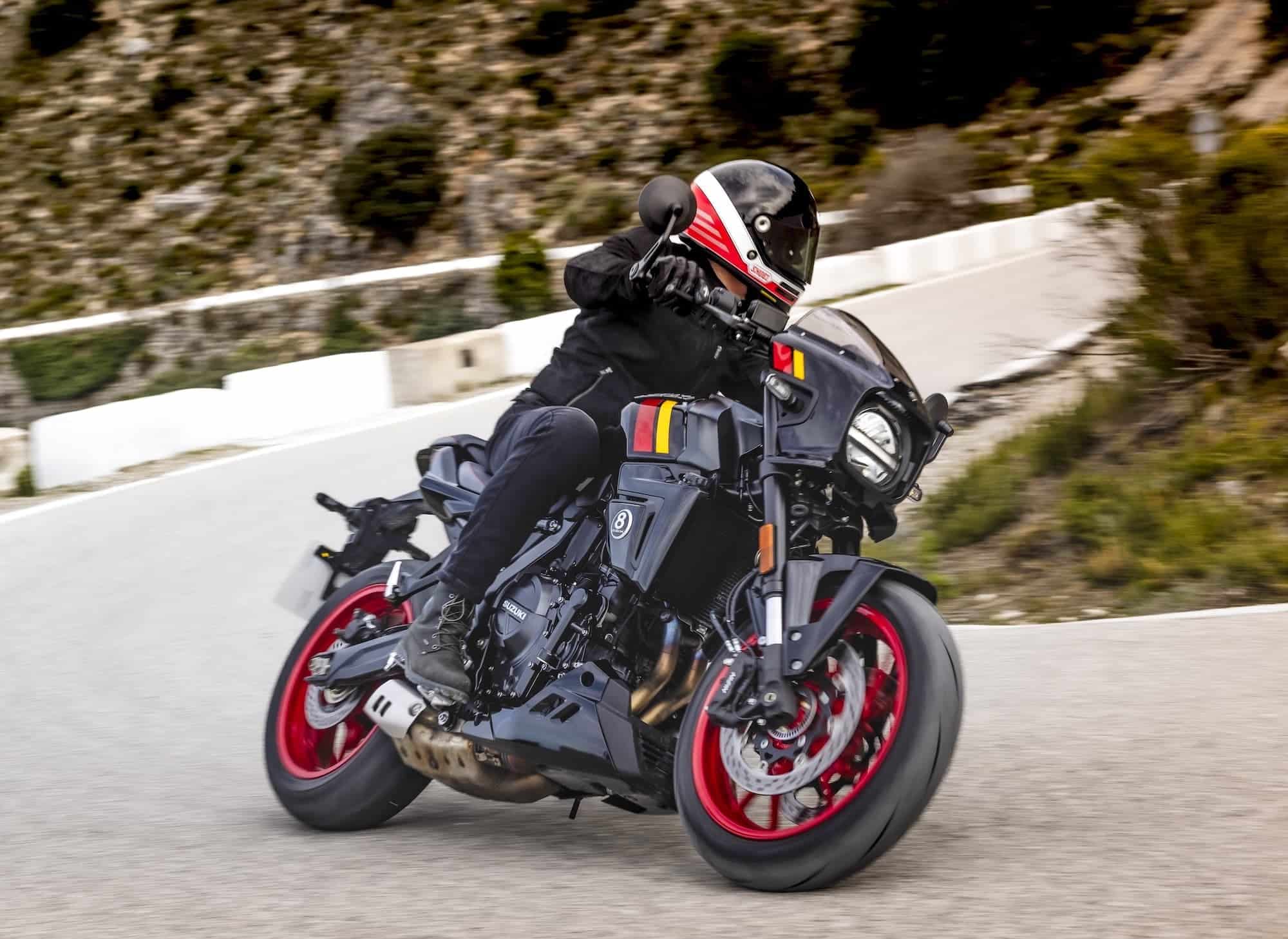Suzuki GSX-8S, GSX-8R, GSX-8T and GSX-8TT Buyer’s Guide 12 Suzuki GSX-8TT leaning through a mountain-road corner, right-front action view