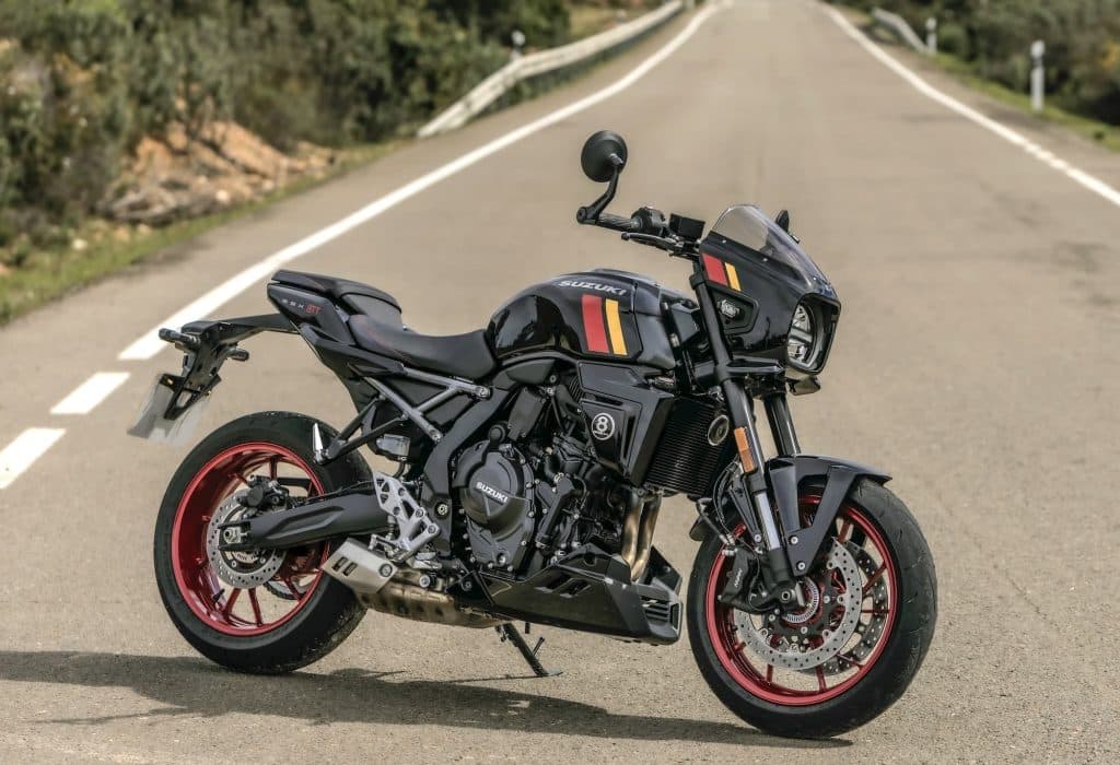 Suzuki GSX-8S, GSX-8R, GSX-8T and GSX-8TT Buyer’s Guide 1 Suzuki GSX-8TT parked on an empty winding road, right-front three-quarter view