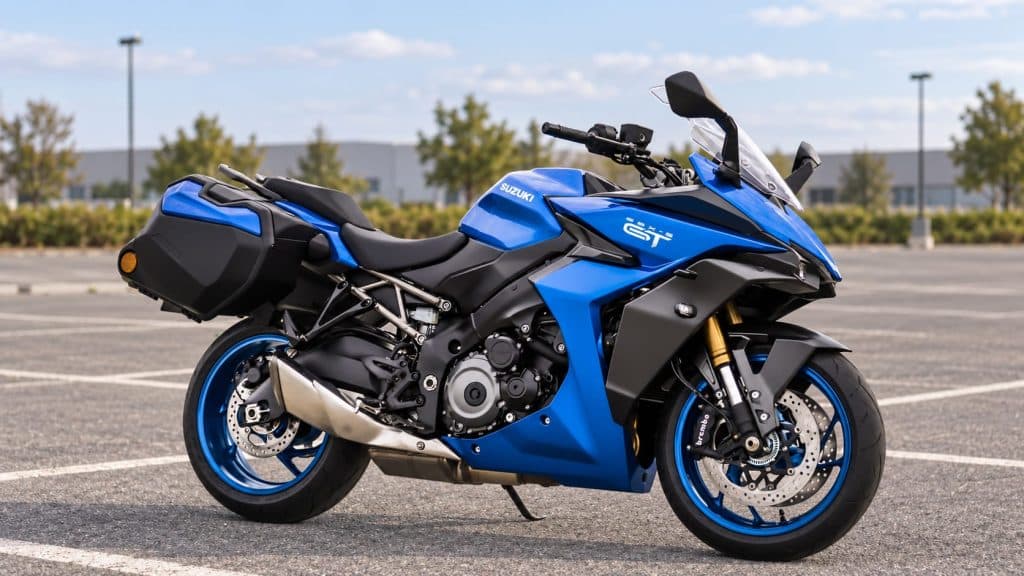 Godzilla Reborn: The Suzuki GSX-S1000 Series 1 Blue Suzuki GSX-S1000GT with panniers parked in a neutral car park