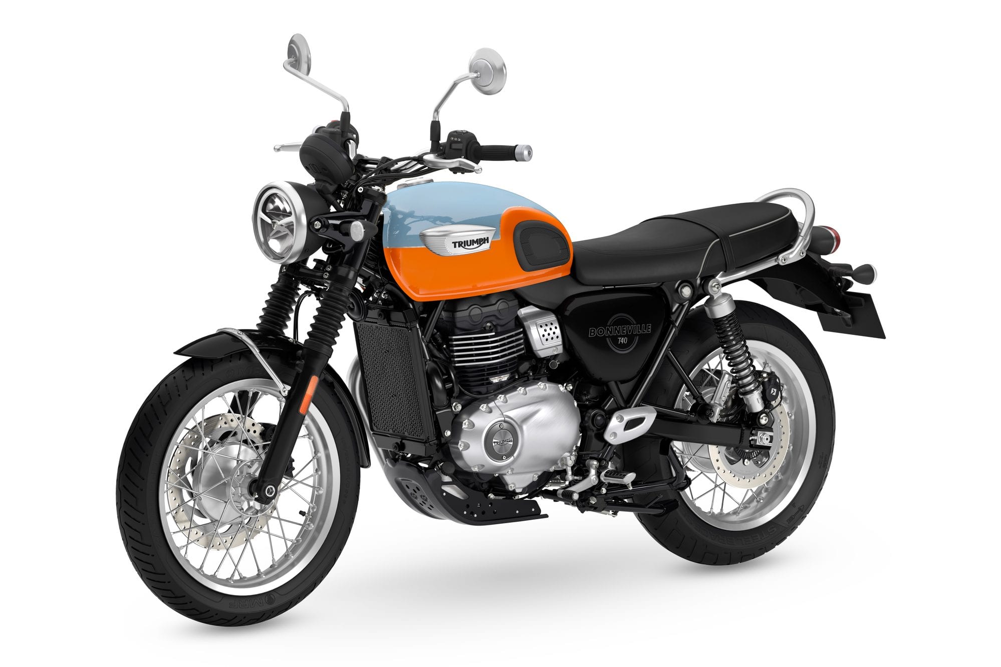 Triumph 400 Model Guide 22 2027 Triumph Bonneville T40 in Meriden Blue and Tangerine Orange, front-left studio view