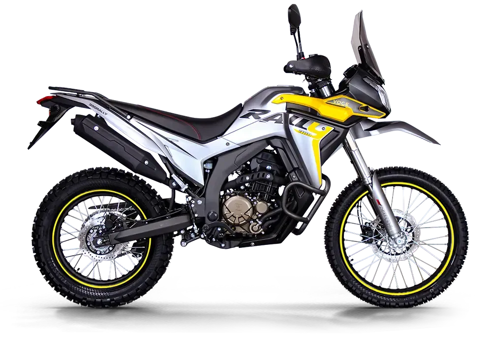 Who Is Voge? Loncin, BMW and the Bikes It Makes 4 Grey and yellow Voge 300GY Rally, right-side studio view